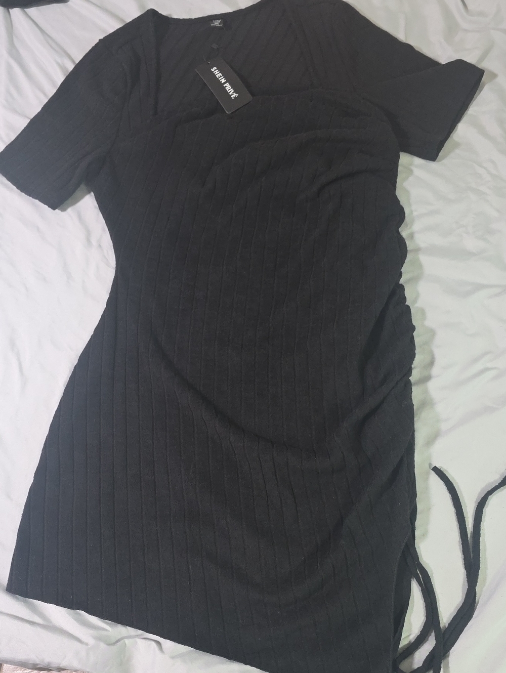 SHEIN Black Ribbed Short Sleeve Side-Ruched Bodycon Mini Dress